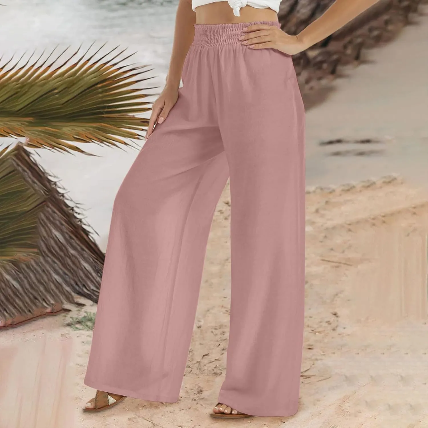 Women's Linen Wide Leg Pants Summer Boho High Waist Palazzo Lounge Pant Trousers Elastic Waist Beach Travel Outfits