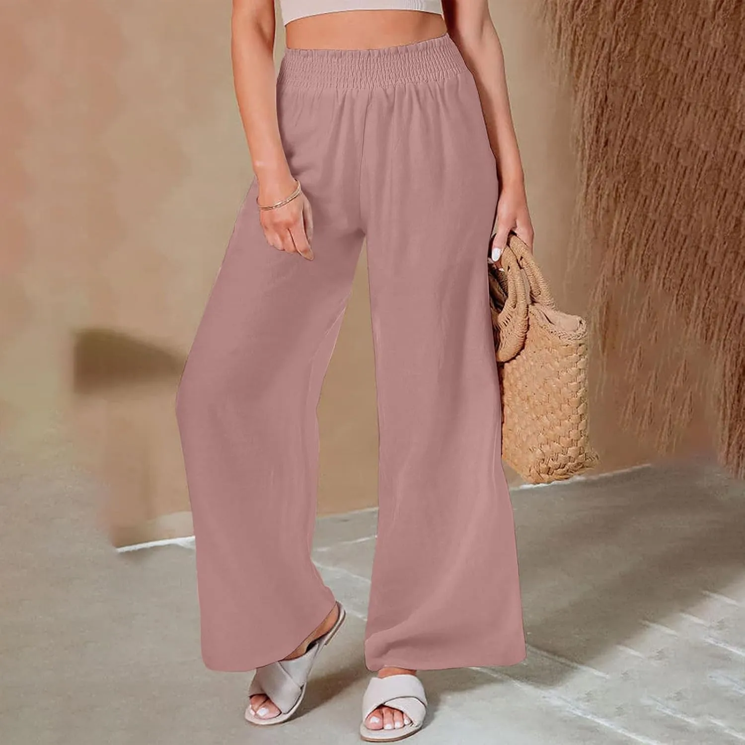 Women's Linen Wide Leg Pants Summer Boho High Waist Palazzo Lounge Pant Trousers Elastic Waist Beach Travel Outfits