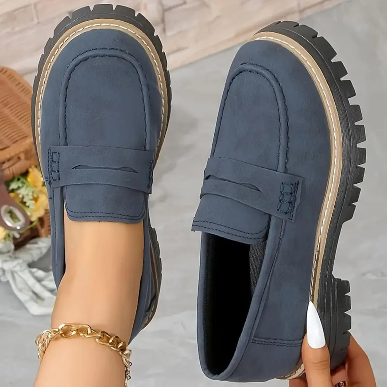 Womens Loafers Dressy Suede Chunky Slip On Shoes Penny Loafer Lug Sole Comfortable Casual Business Shoes Summer Fashion Office Shoe Retro Comfy Oxford for Work