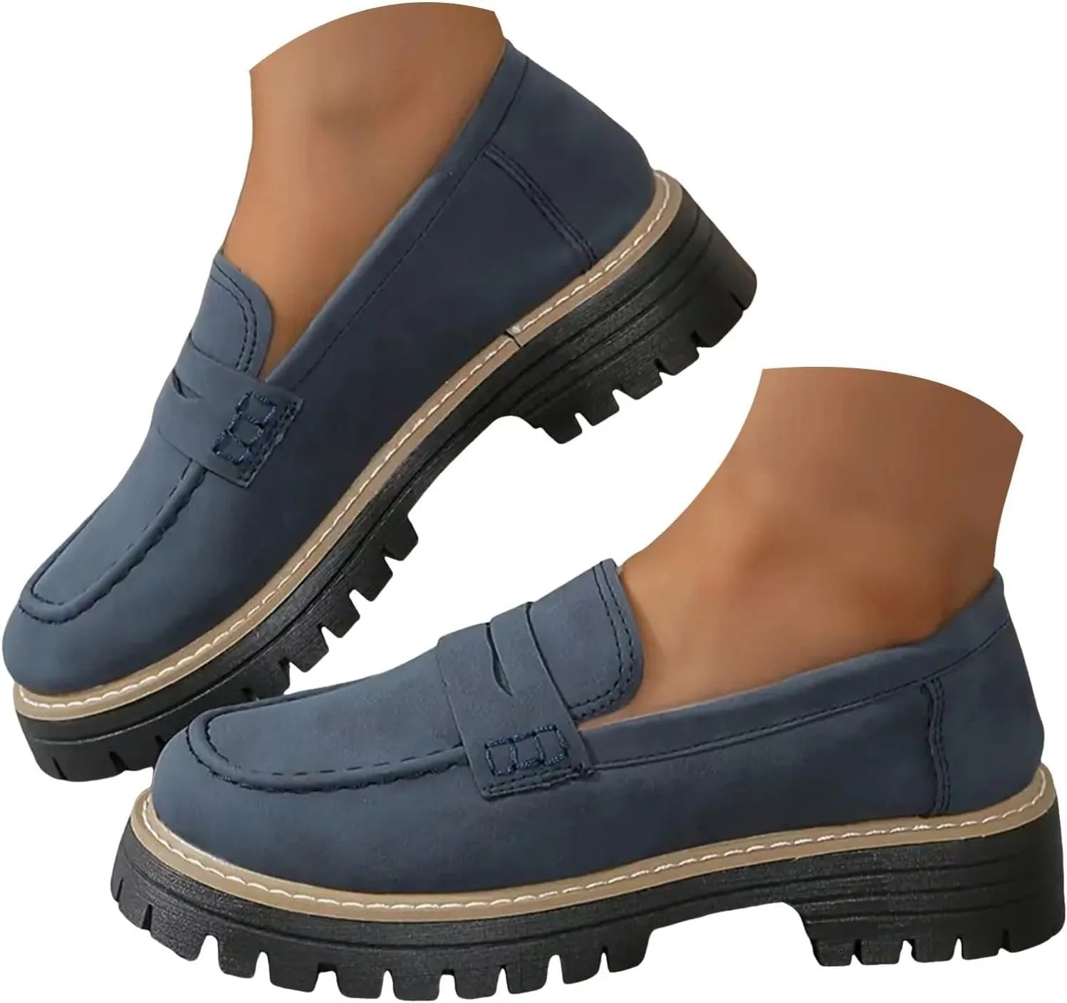 Womens Loafers Dressy Suede Chunky Slip On Shoes Penny Loafer Lug Sole Comfortable Casual Business Shoes Summer Fashion Office Shoe Retro Comfy Oxford for Work
