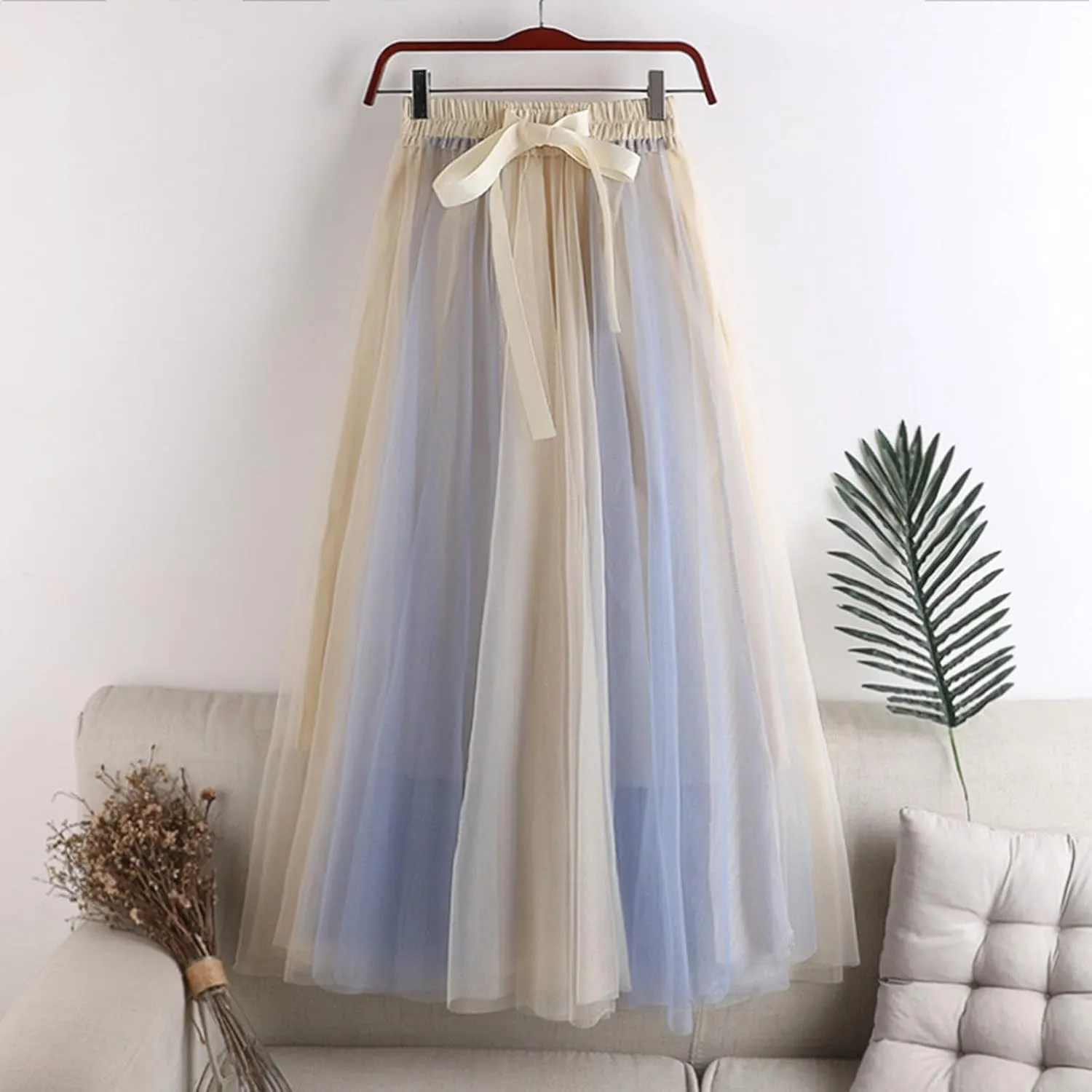 Women's Long Rainbow A Line Tulle Skirts High Waisted Pleated Flowy Fairy Skirt A Line Bridesmaid Wedding Midi Skirt