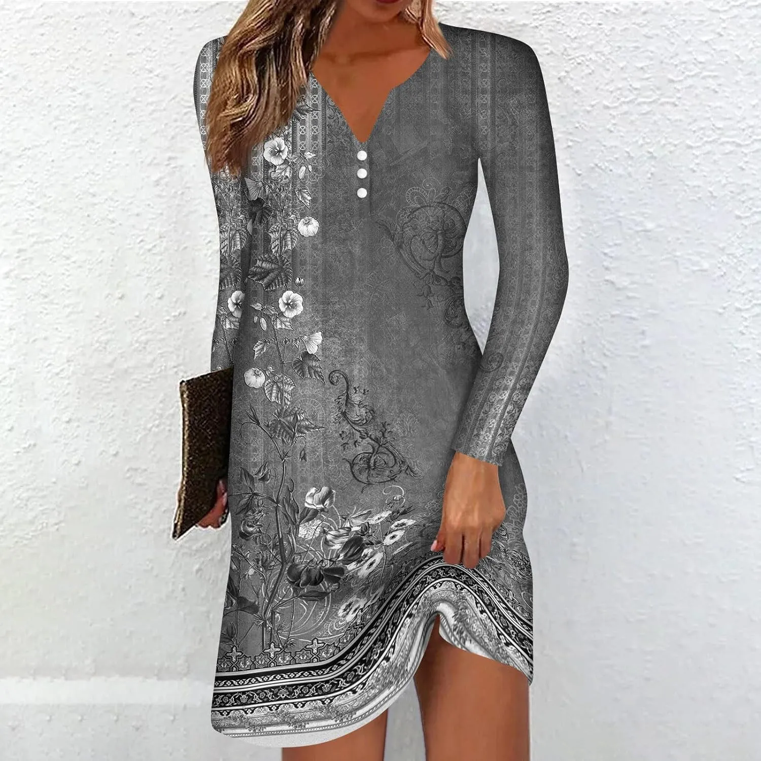 Women's Mini Dress Casual 2024 Vintage Floral Print V-Neck Button Down Dress Long Sleeve Flowy Fall Short Tunic Dress