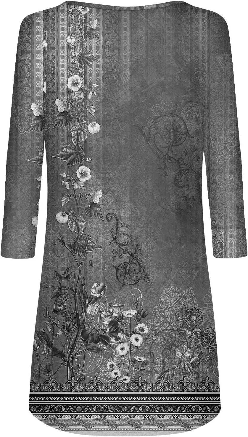 Women's Mini Dress Casual 2024 Vintage Floral Print V-Neck Button Down Dress Long Sleeve Flowy Fall Short Tunic Dress