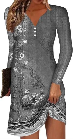 Women's Mini Dress Casual 2024 Vintage Floral Print V-Neck Button Down Dress Long Sleeve Flowy Fall Short Tunic Dress