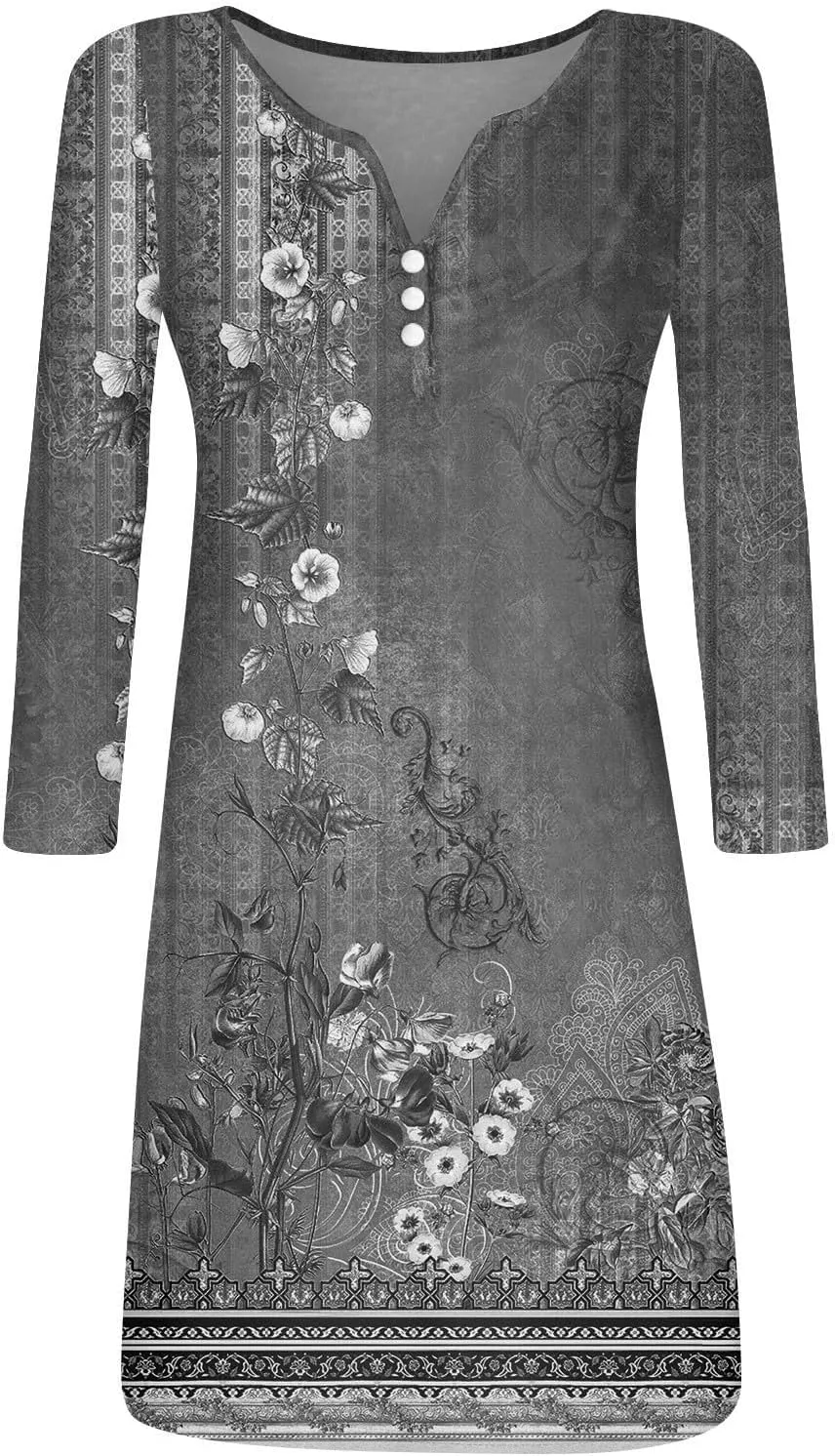 Women's Mini Dress Casual 2024 Vintage Floral Print V-Neck Button Down Dress Long Sleeve Flowy Fall Short Tunic Dress