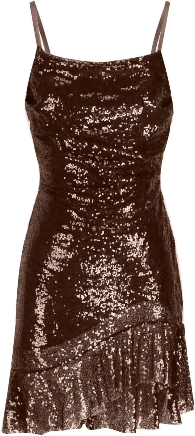 Women's Mini Prom Dresses Glitter Sparkly Ruffle Hem A-Line Swing Ruched Dress Halter Sleeveless Cocktail Party Dress