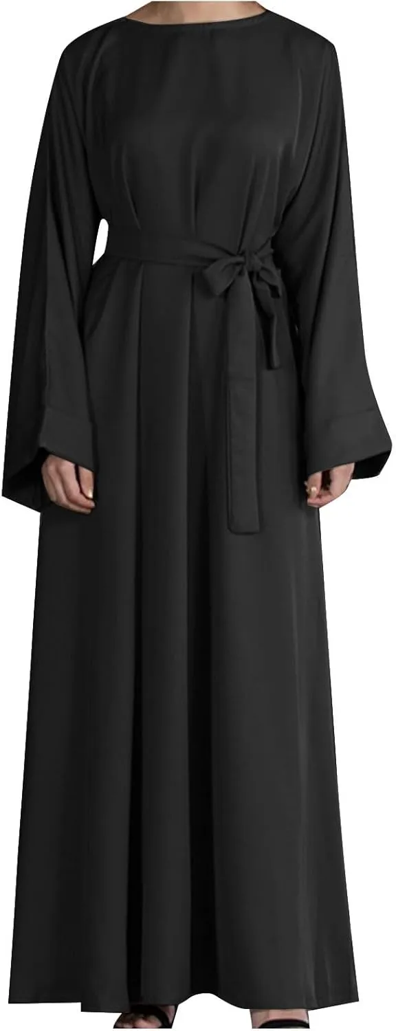 Women's Muslim Dresses Plus Size High Neck Pleated Tie Waist Clothes Long Robe Abaya Turkish Islamic Dubai Maxi Dress