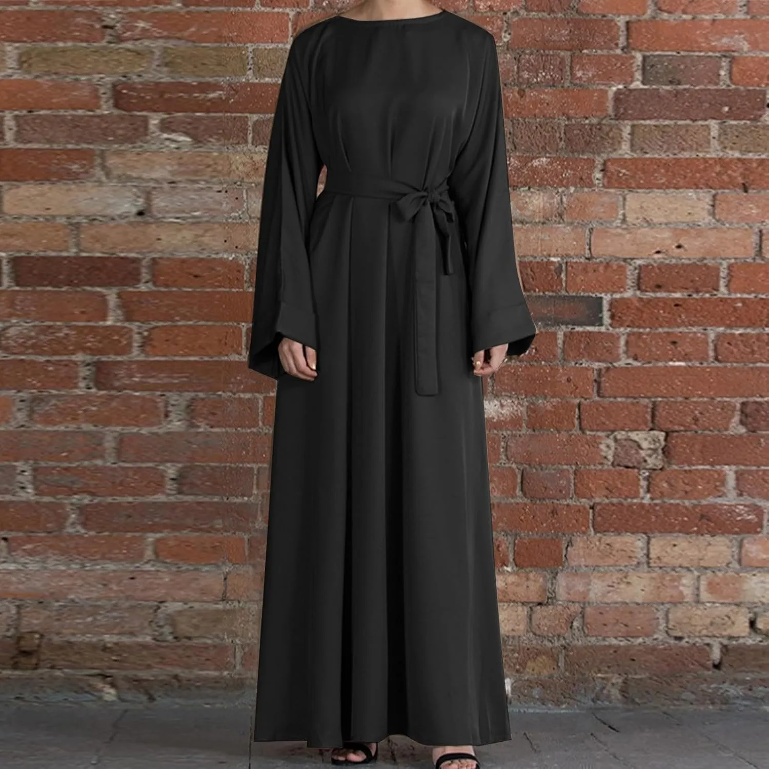 Women's Muslim Dresses Plus Size High Neck Pleated Tie Waist Clothes Long Robe Abaya Turkish Islamic Dubai Maxi Dress