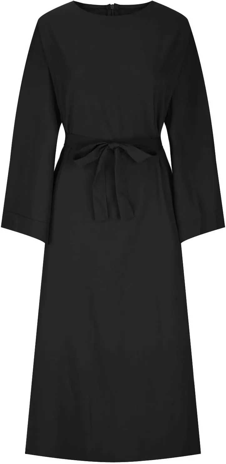 Women's Muslim Dresses Plus Size High Neck Pleated Tie Waist Clothes Long Robe Abaya Turkish Islamic Dubai Maxi Dress