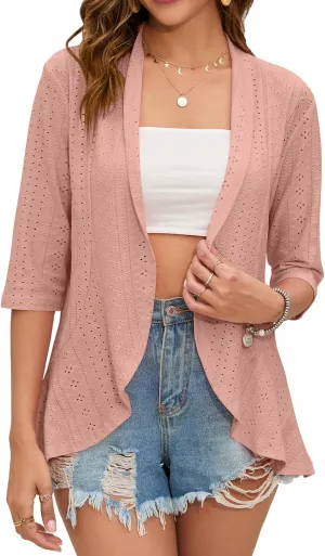 Women's Open Front 3/4 Sleeve Soft Drape Ruffles Cardigan Jacket