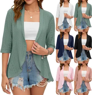 Women's Open Front 3/4 Sleeve Soft Drape Ruffles Cardigan Jacket