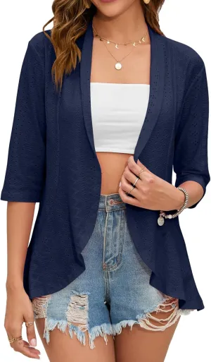 Women's Open Front 3/4 Sleeve Soft Drape Ruffles Cardigan Jacket