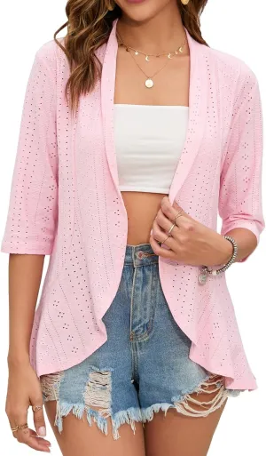 Women's Open Front 3/4 Sleeve Soft Drape Ruffles Cardigan Jacket