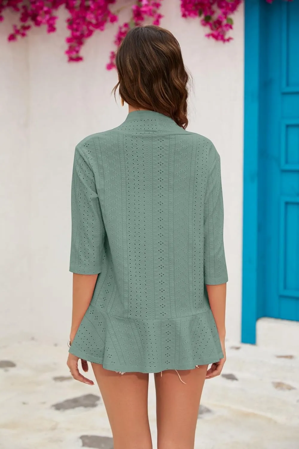 Women's Open Front 3/4 Sleeve Soft Drape Ruffles Cardigan Jacket