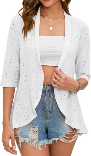 Women's Open Front 3/4 Sleeve Soft Drape Ruffles Cardigan Jacket