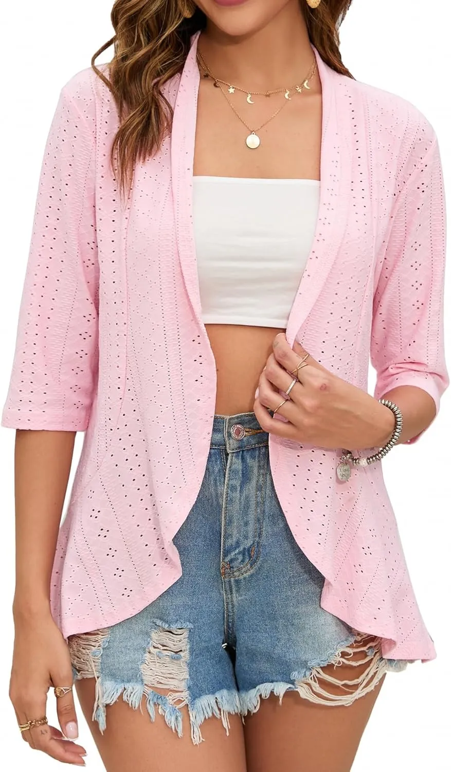 Women's Open Front 3/4 Sleeve Soft Drape Ruffles Cardigan Jacket