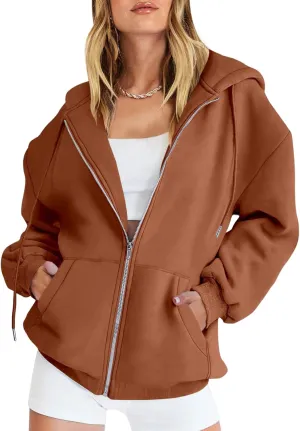 Women's Oversized Casual Full Zip Up Y2K Hoodies Sweatshirts Plush Comfy Loose Solid Long Sleeve Jacket with Pockets