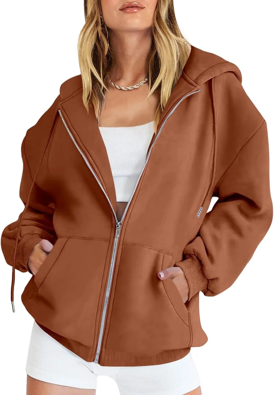 Women's Oversized Casual Full Zip Up Y2K Hoodies Sweatshirts Plush Comfy Loose Solid Long Sleeve Jacket with Pockets