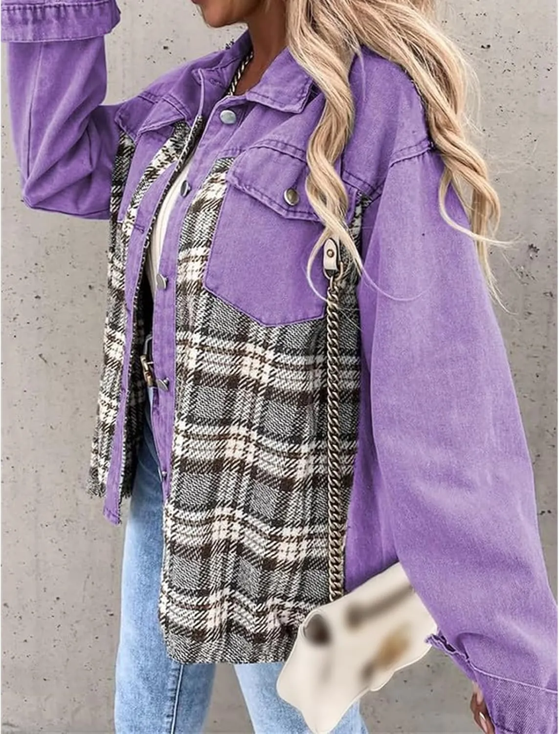 Women's Oversized Denim Jacket Fall Fashion Button Down Lapel Plaid Shacket Casual Long Sleeve Boyfriend Jean Jacket