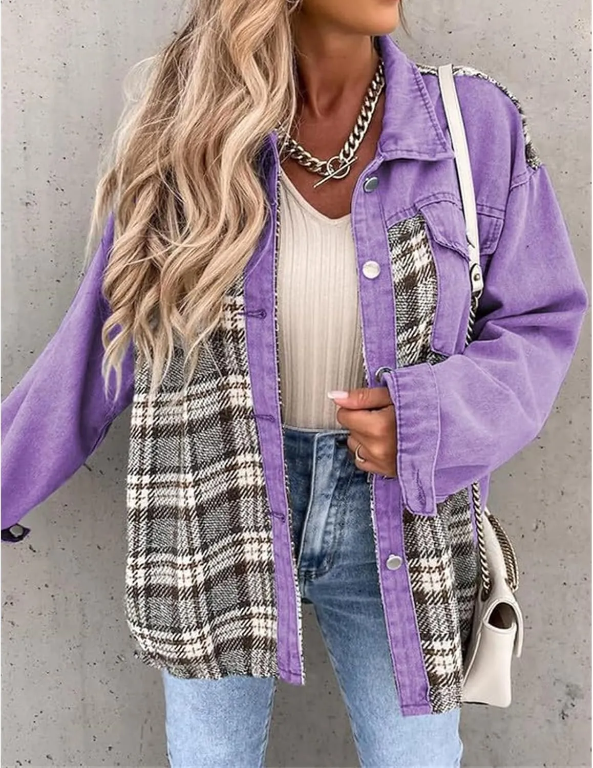 Women's Oversized Denim Jacket Fall Fashion Button Down Lapel Plaid Shacket Casual Long Sleeve Boyfriend Jean Jacket