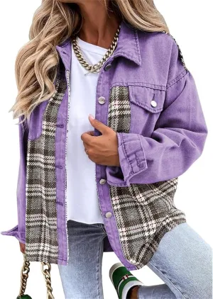Women's Oversized Denim Jacket Fall Fashion Button Down Lapel Plaid Shacket Casual Long Sleeve Boyfriend Jean Jacket