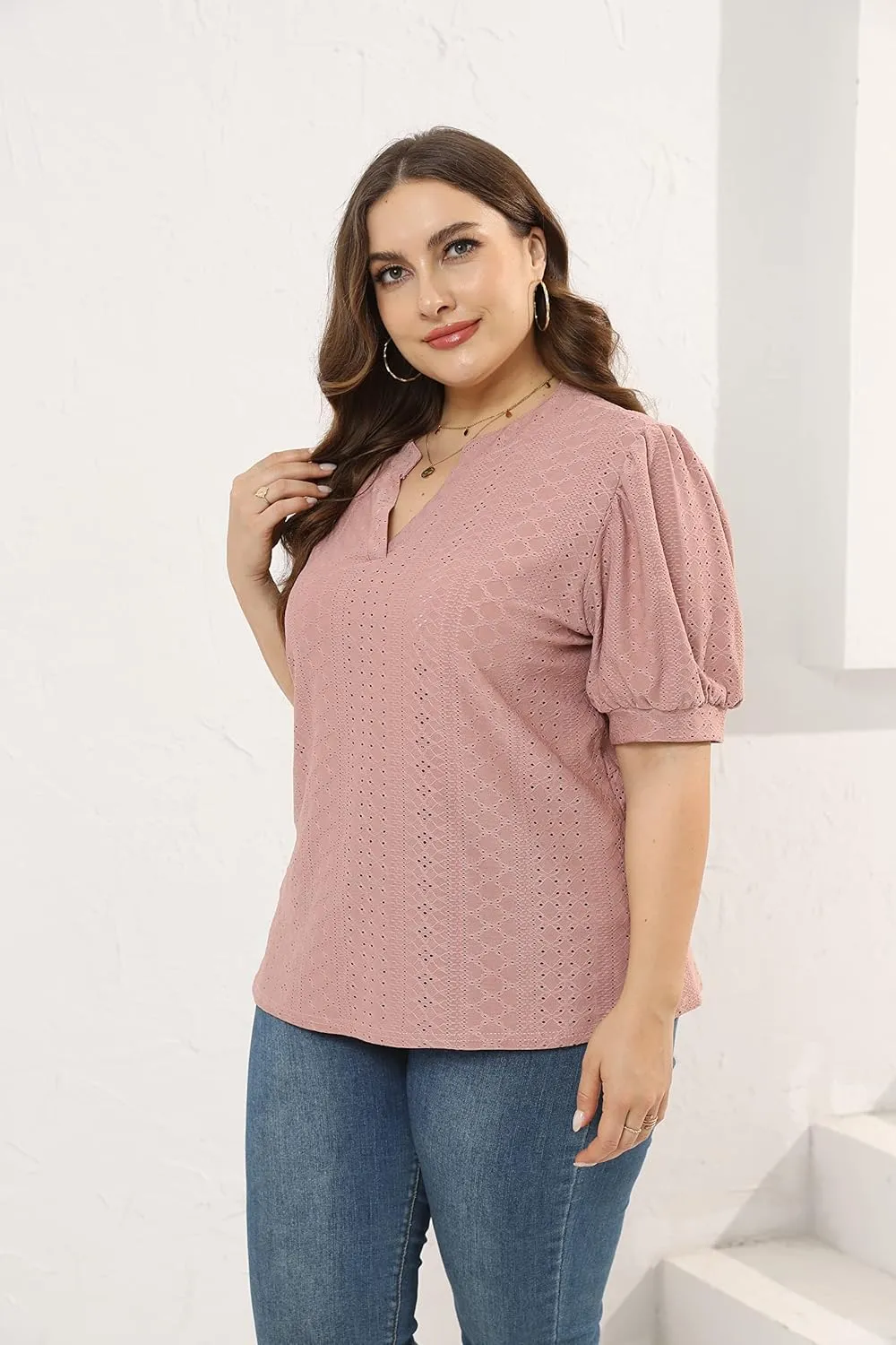 Womens Plus Size T-Shirts V-Neck Puff Short Sleeve Tops Casual Summer Eyelet Tunic Top Cute Hollow Out Blouses
