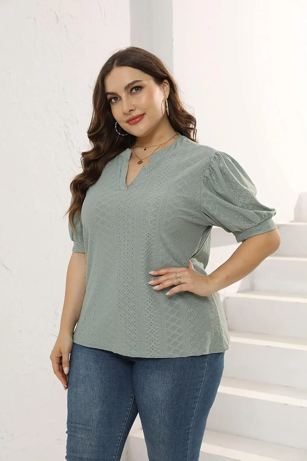 Womens Plus Size T-Shirts V-Neck Puff Short Sleeve Tops Casual Summer Eyelet Tunic Top Cute Hollow Out Blouses