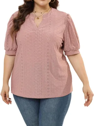 Womens Plus Size T-Shirts V-Neck Puff Short Sleeve Tops Casual Summer Eyelet Tunic Top Cute Hollow Out Blouses