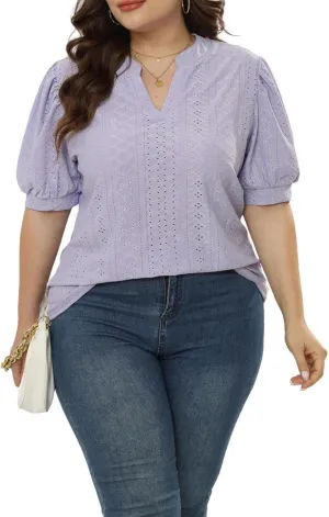 Womens Plus Size T-Shirts V-Neck Puff Short Sleeve Tops Casual Summer Eyelet Tunic Top Cute Hollow Out Blouses