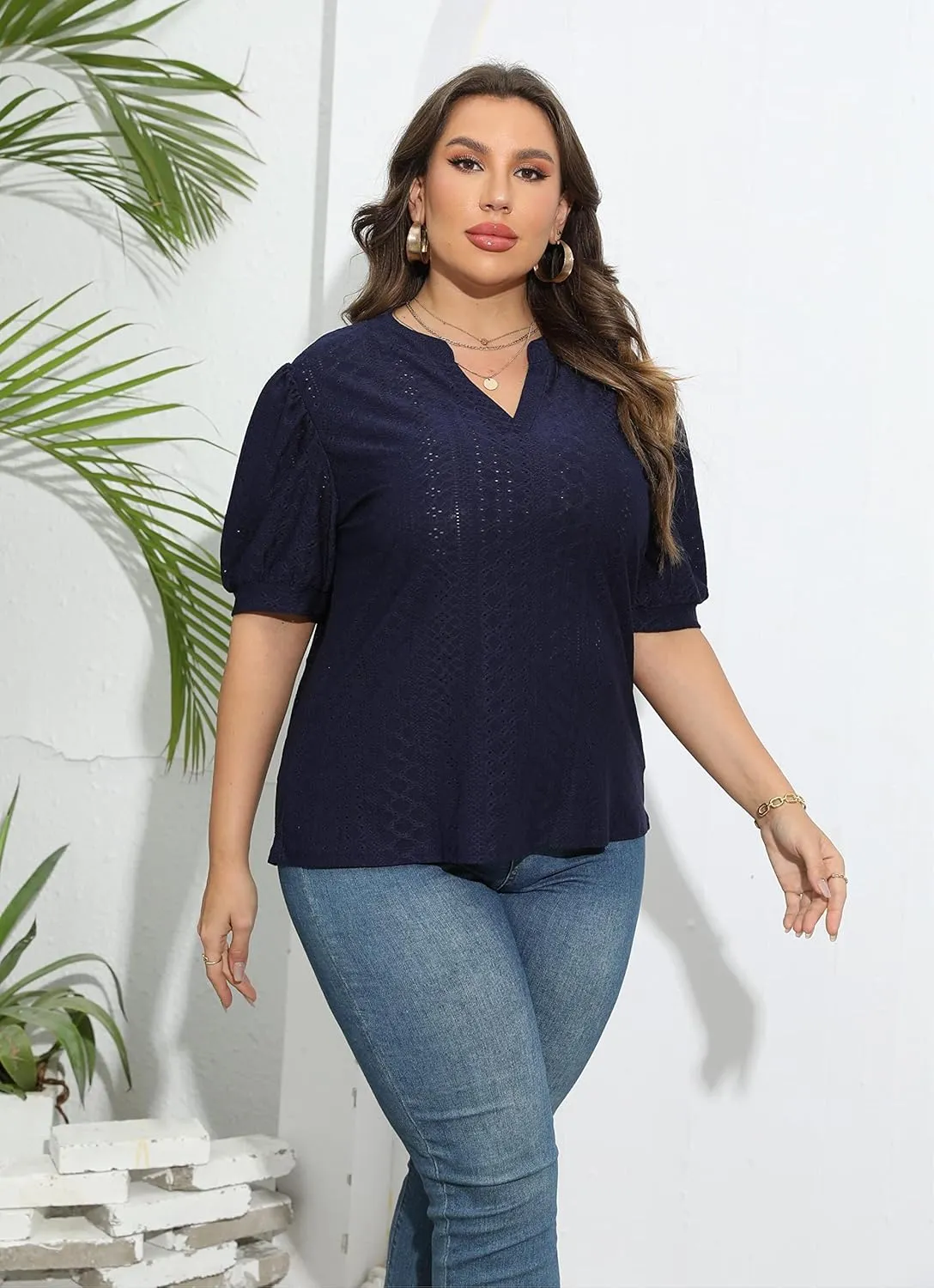 Womens Plus Size T-Shirts V-Neck Puff Short Sleeve Tops Casual Summer Eyelet Tunic Top Cute Hollow Out Blouses