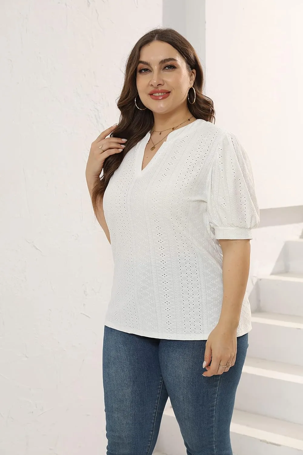 Womens Plus Size T-Shirts V-Neck Puff Short Sleeve Tops Casual Summer Eyelet Tunic Top Cute Hollow Out Blouses