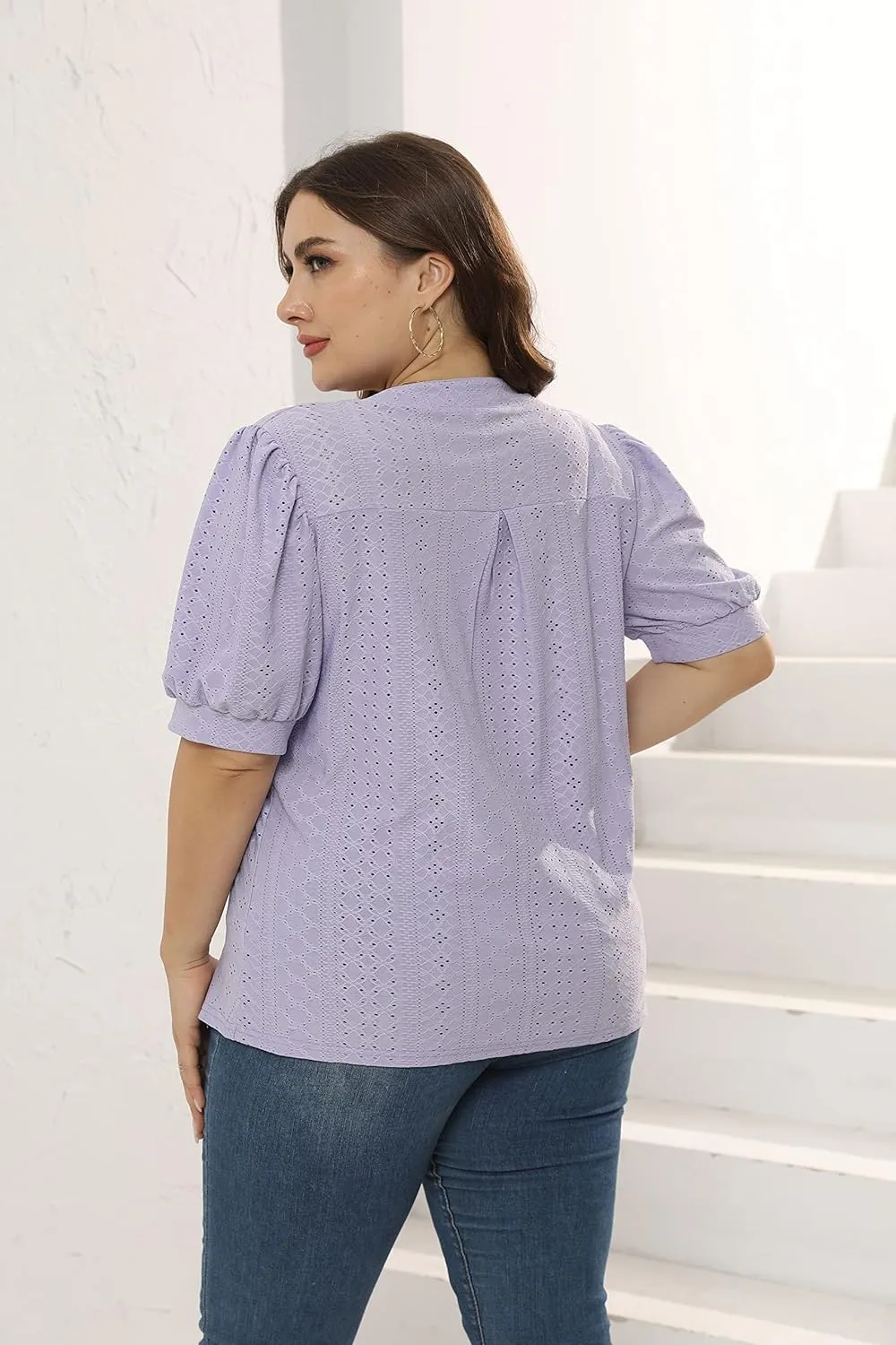 Womens Plus Size T-Shirts V-Neck Puff Short Sleeve Tops Casual Summer Eyelet Tunic Top Cute Hollow Out Blouses