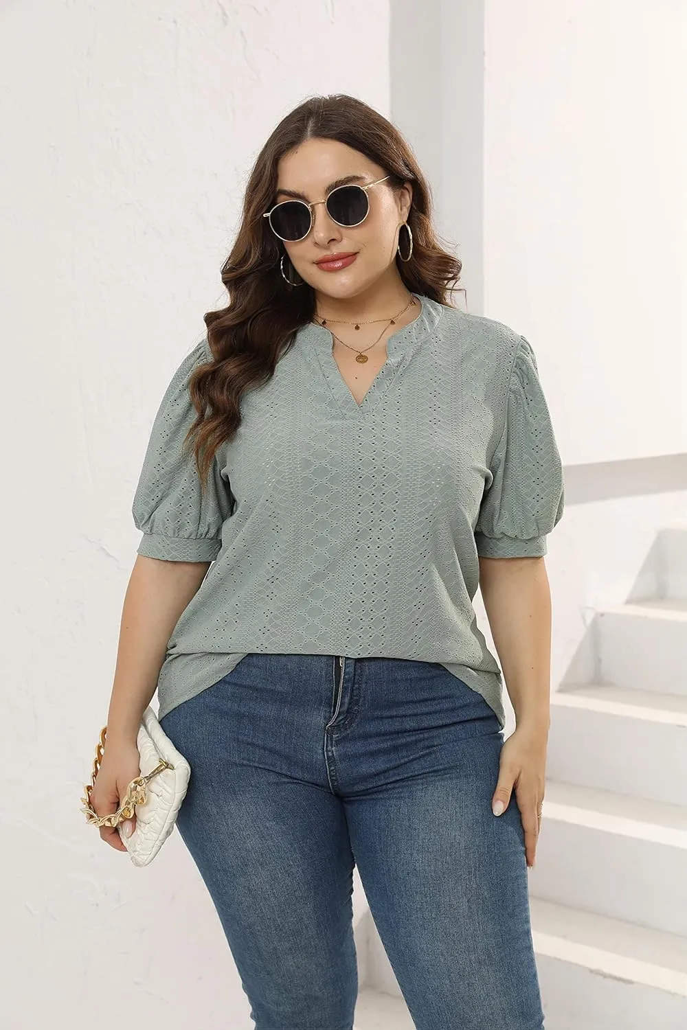 Womens Plus Size T-Shirts V-Neck Puff Short Sleeve Tops Casual Summer Eyelet Tunic Top Cute Hollow Out Blouses