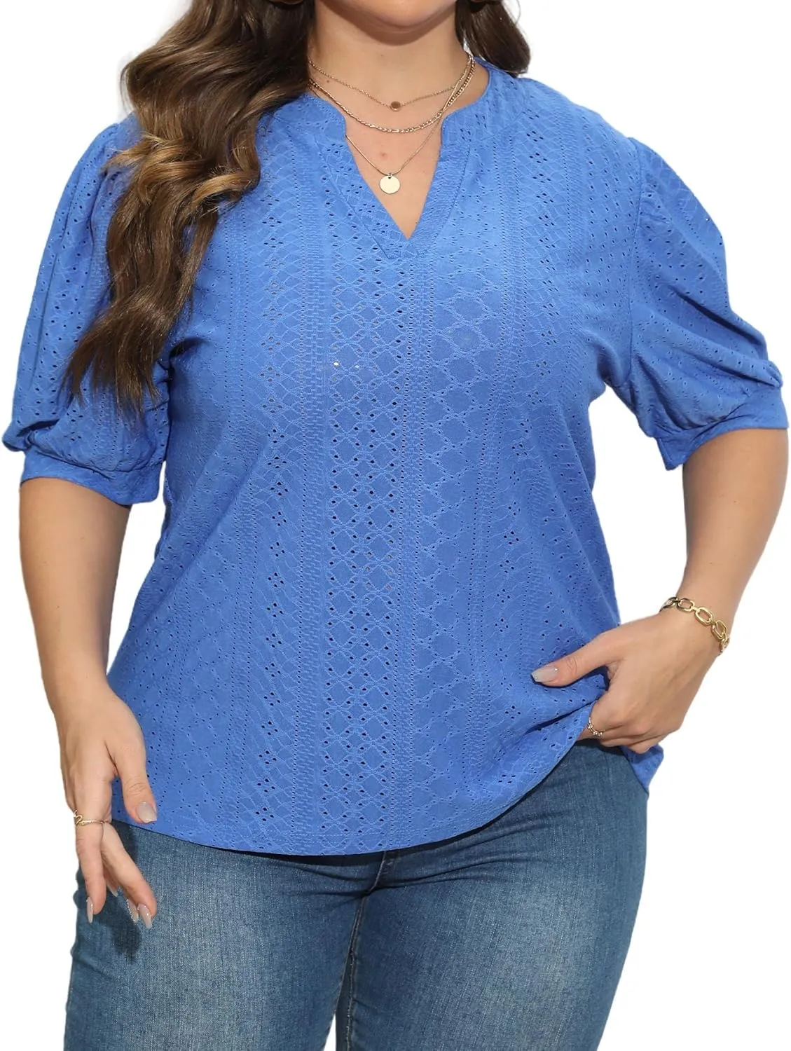 Womens Plus Size T-Shirts V-Neck Puff Short Sleeve Tops Casual Summer Eyelet Tunic Top Cute Hollow Out Blouses