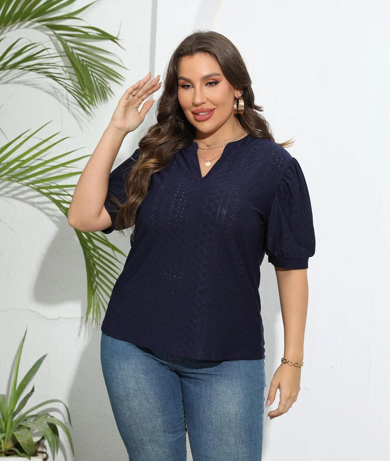 Womens Plus Size T-Shirts V-Neck Puff Short Sleeve Tops Casual Summer Eyelet Tunic Top Cute Hollow Out Blouses