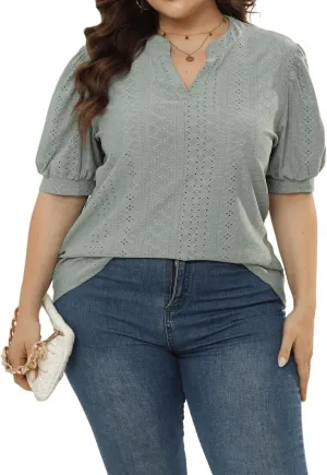 Womens Plus Size T-Shirts V-Neck Puff Short Sleeve Tops Casual Summer Eyelet Tunic Top Cute Hollow Out Blouses