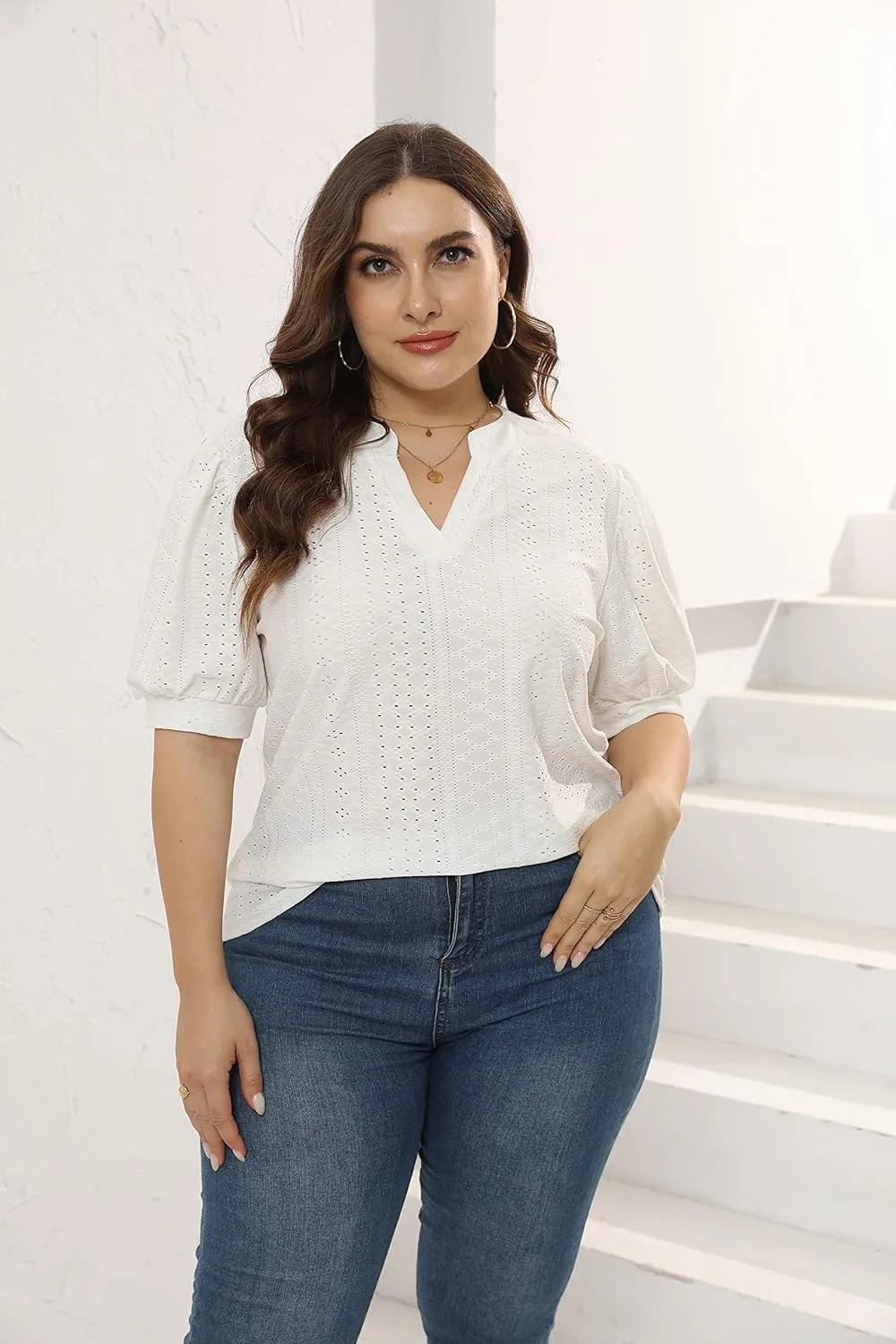 Womens Plus Size T-Shirts V-Neck Puff Short Sleeve Tops Casual Summer Eyelet Tunic Top Cute Hollow Out Blouses