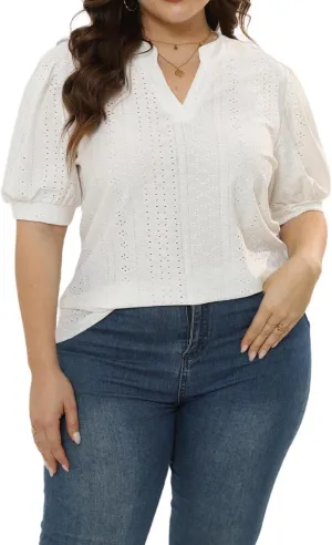 Womens Plus Size T-Shirts V-Neck Puff Short Sleeve Tops Casual Summer Eyelet Tunic Top Cute Hollow Out Blouses