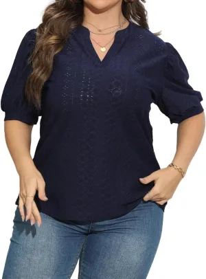 Womens Plus Size T-Shirts V-Neck Puff Short Sleeve Tops Casual Summer Eyelet Tunic Top Cute Hollow Out Blouses
