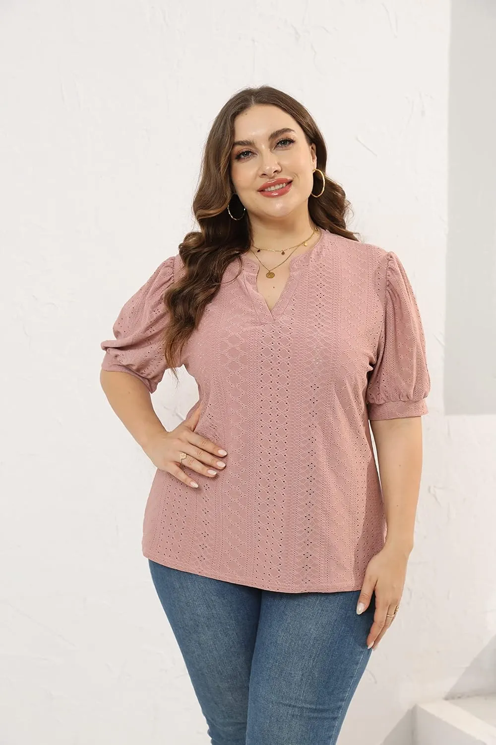 Womens Plus Size T-Shirts V-Neck Puff Short Sleeve Tops Casual Summer Eyelet Tunic Top Cute Hollow Out Blouses