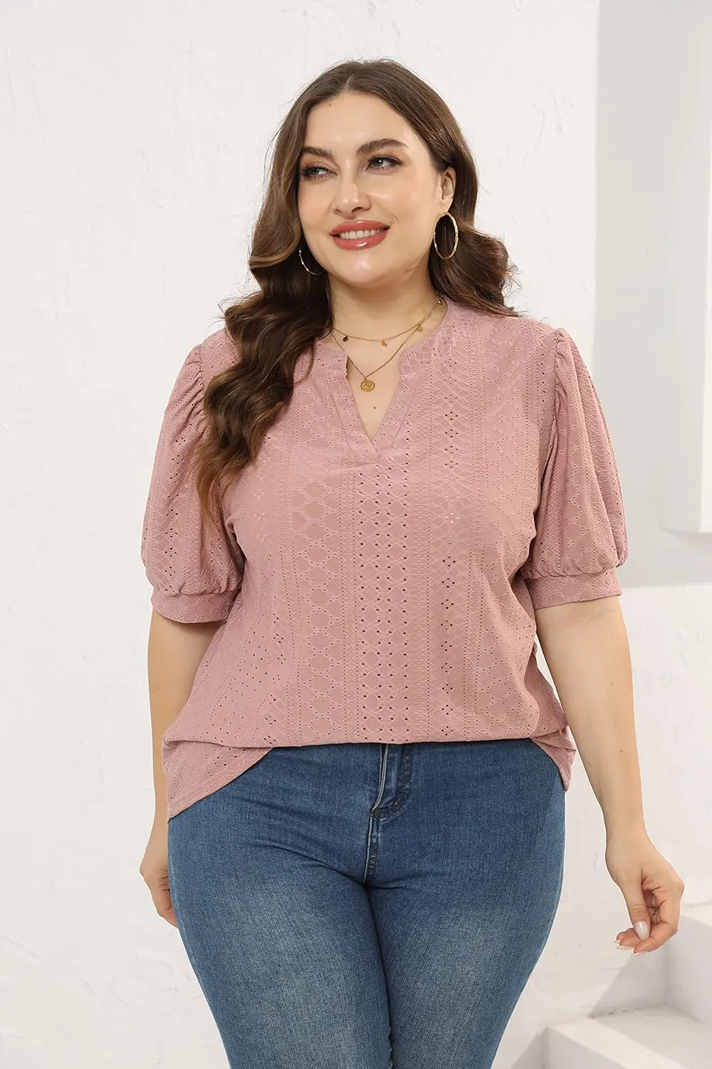 Womens Plus Size T-Shirts V-Neck Puff Short Sleeve Tops Casual Summer Eyelet Tunic Top Cute Hollow Out Blouses