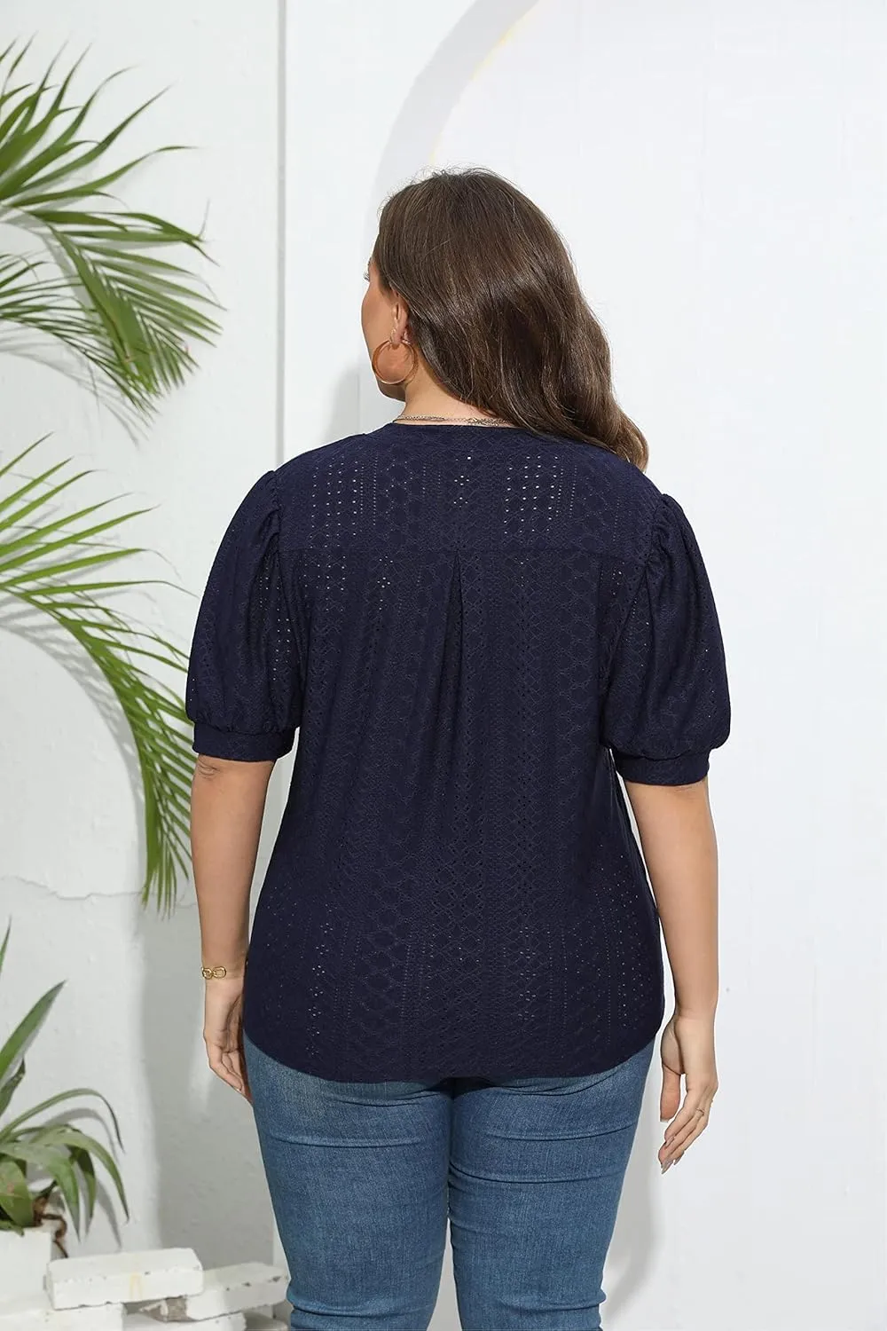 Womens Plus Size T-Shirts V-Neck Puff Short Sleeve Tops Casual Summer Eyelet Tunic Top Cute Hollow Out Blouses