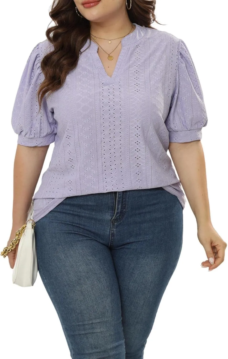 Womens Plus Size T-Shirts V-Neck Puff Short Sleeve Tops Casual Summer Eyelet Tunic Top Cute Hollow Out Blouses