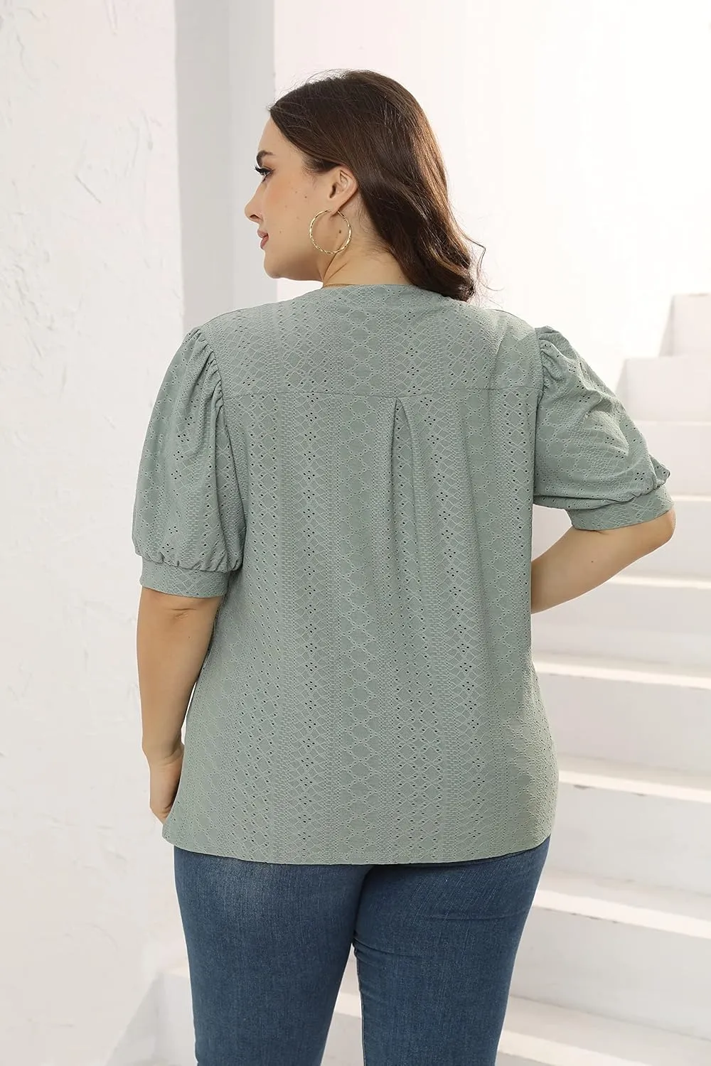 Womens Plus Size T-Shirts V-Neck Puff Short Sleeve Tops Casual Summer Eyelet Tunic Top Cute Hollow Out Blouses