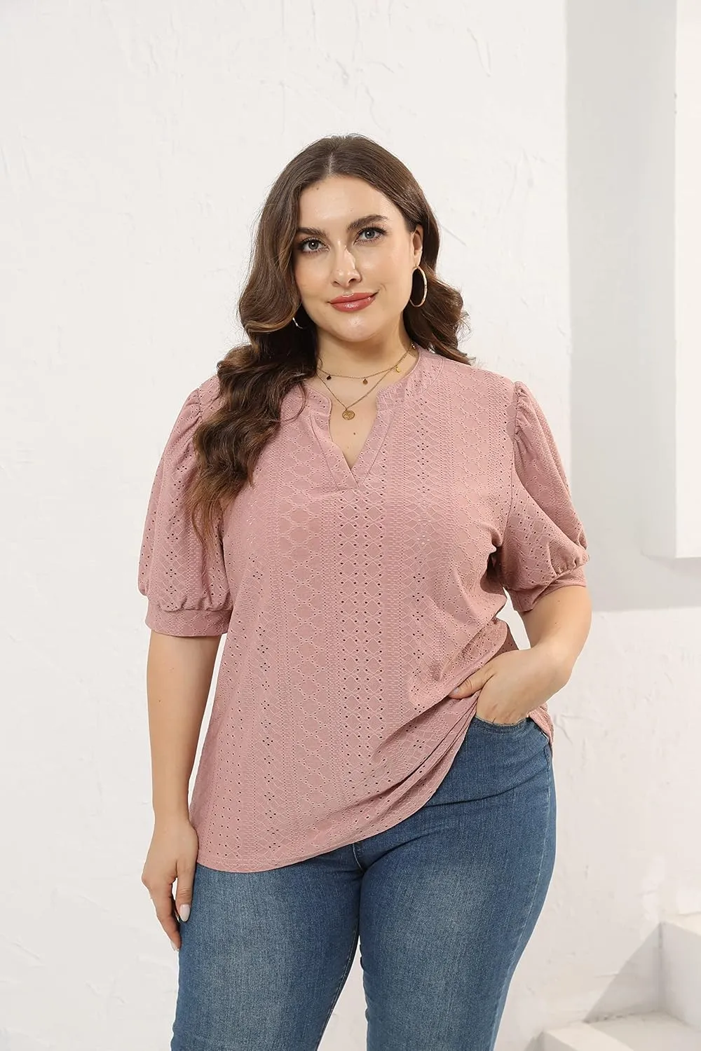 Womens Plus Size T-Shirts V-Neck Puff Short Sleeve Tops Casual Summer Eyelet Tunic Top Cute Hollow Out Blouses