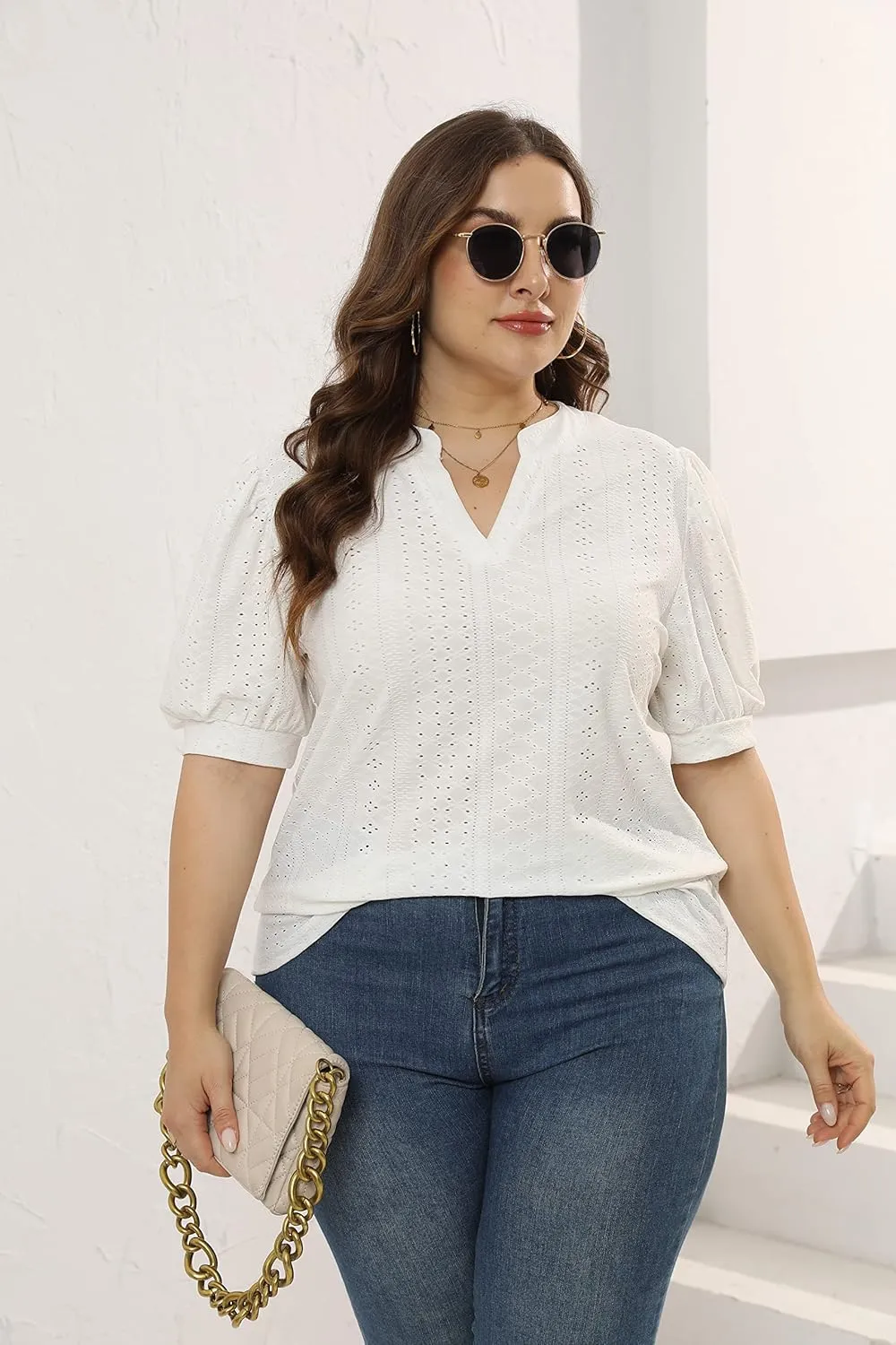 Womens Plus Size T-Shirts V-Neck Puff Short Sleeve Tops Casual Summer Eyelet Tunic Top Cute Hollow Out Blouses