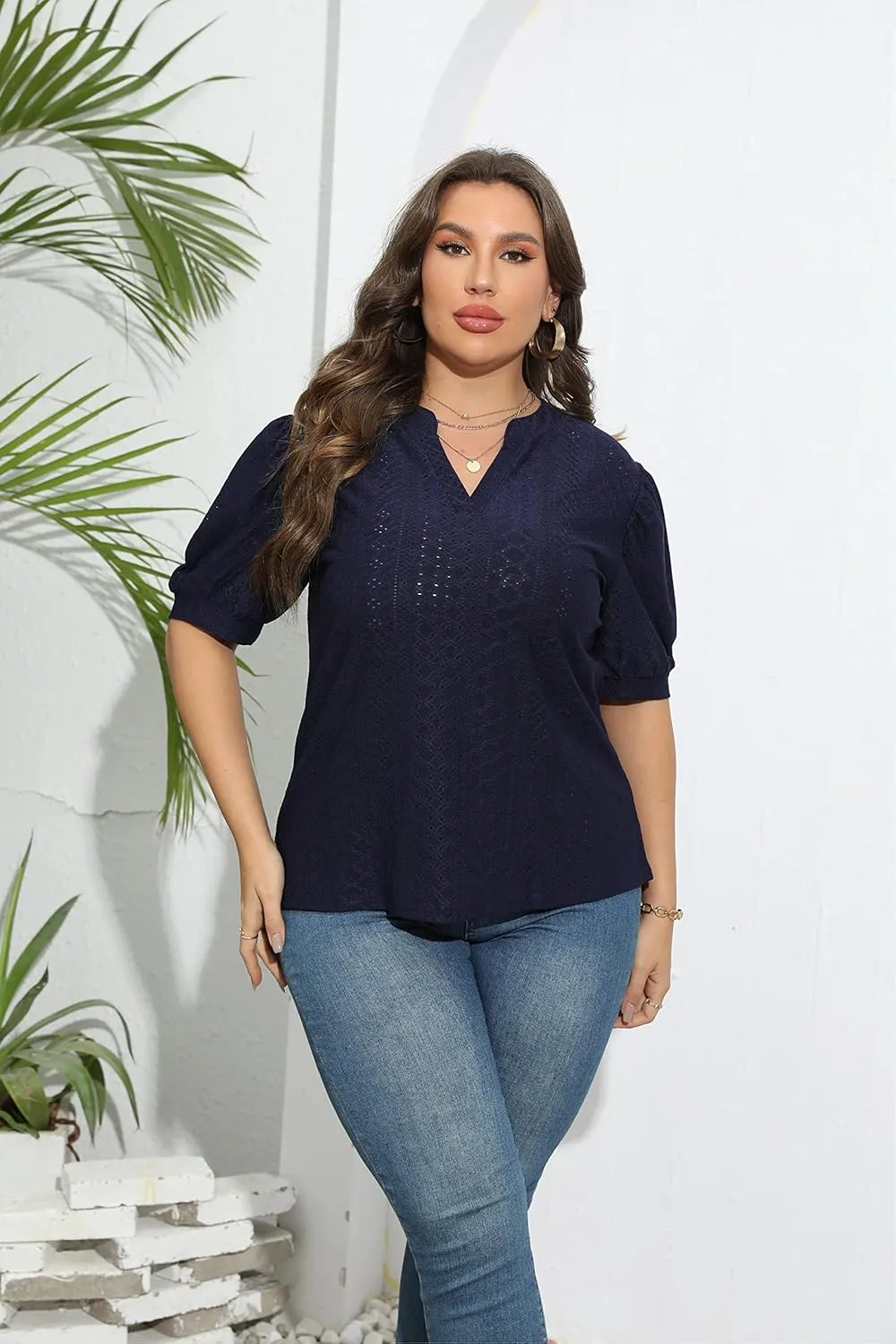 Womens Plus Size T-Shirts V-Neck Puff Short Sleeve Tops Casual Summer Eyelet Tunic Top Cute Hollow Out Blouses