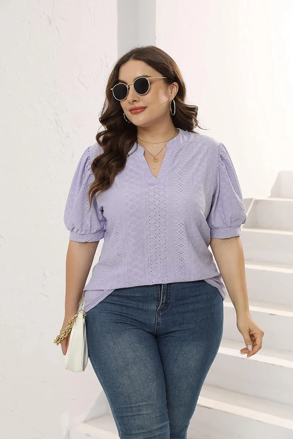 Womens Plus Size T-Shirts V-Neck Puff Short Sleeve Tops Casual Summer Eyelet Tunic Top Cute Hollow Out Blouses