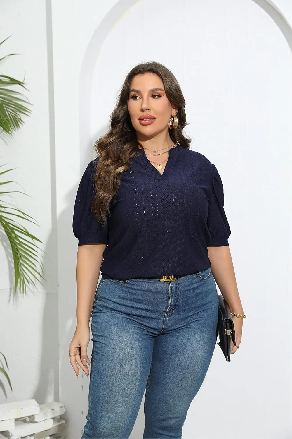 Womens Plus Size T-Shirts V-Neck Puff Short Sleeve Tops Casual Summer Eyelet Tunic Top Cute Hollow Out Blouses