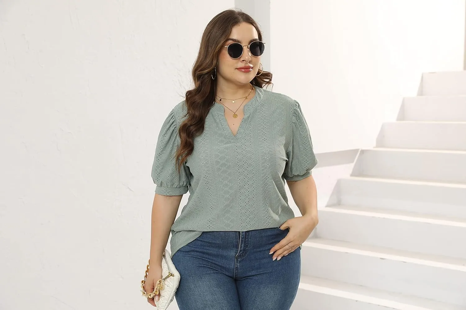 Womens Plus Size T-Shirts V-Neck Puff Short Sleeve Tops Casual Summer Eyelet Tunic Top Cute Hollow Out Blouses